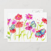 Carte Postale Papillons Fleurs sauvages d'aquarelle rose (Devant / Derrière)