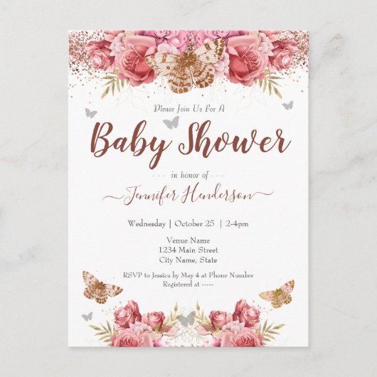 Carte Postale Papillons floraux Baby shower rose (Devant)