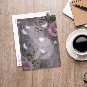 Carte Postale Papillons Kitty Chat Blanc Floral