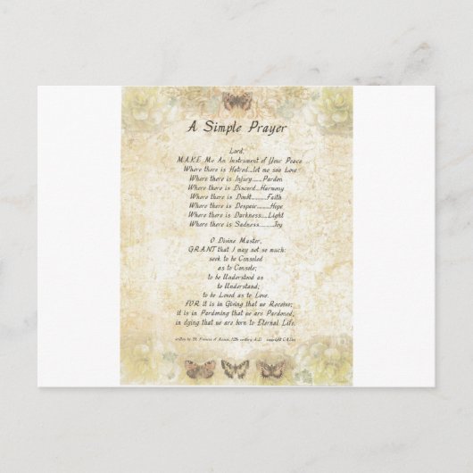 Carte Postale papillons=pape francis=st. francis SIMPLE PRAYER (Devant)