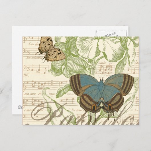 Carte Postale Papillons sur Partition avec Design Floral (Devant / Derrière)