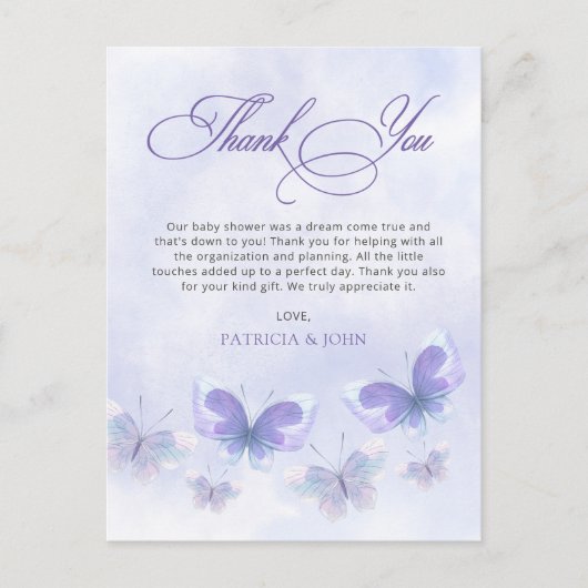 Carte Postale Papillons violets Baby shower Merci (Devant)