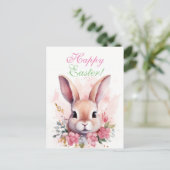 Carte Postale Pâques charmant lapin rose mou (Debout devant)