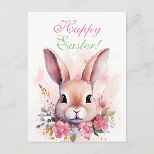 Carte Postale Pâques charmant lapin rose mou (Devant)