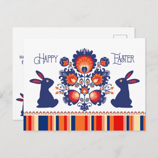 Carte Postale Pâques Folklore avec 2 lapins bleus 🐰 Texte perso (Devant / Derrière)