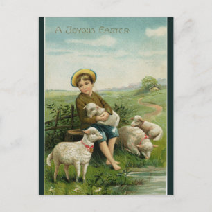 Carte Postale Pâques garçon vintage avec agneaux