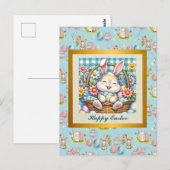 Carte Postale Pâques joyeuses avec du lapin mignon, des oeufs et (Devant / Derrière)