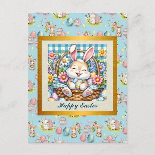 Carte Postale Pâques joyeuses avec du lapin mignon, des oeufs et (Devant)