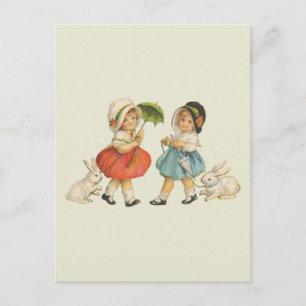 Carte Postale Pâques vintage Enfants Lapins Bonnets Antique