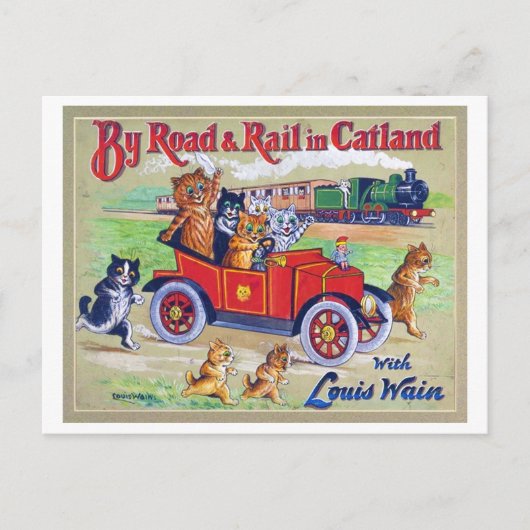 Carte Postale Par Road & Rail en Catland, Louis Wain (Devant)