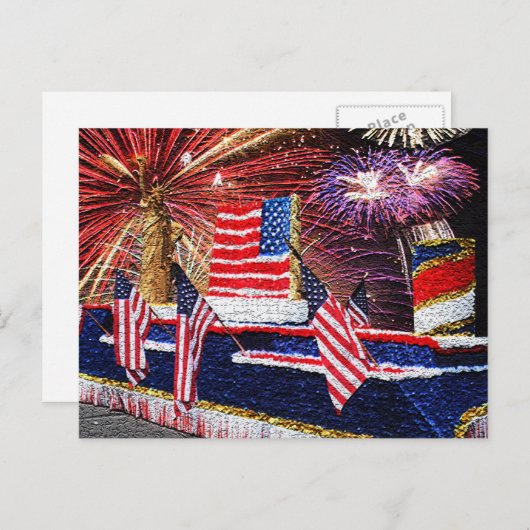 Carte Postale Parade avec Statue de la Liberté Float et drapeau (Devant / Derrière)