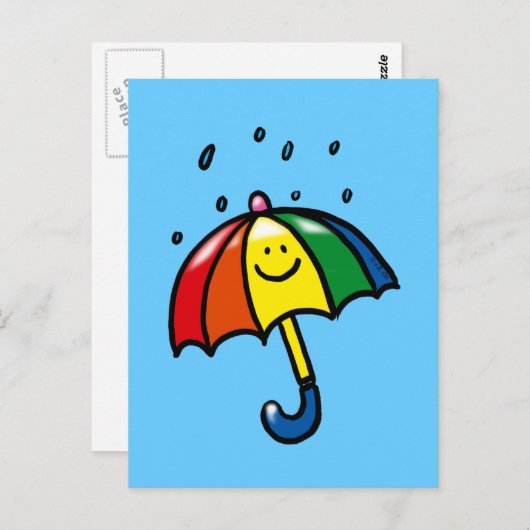 Carte Postale Parapluie arc-en-ciel et gouttes de pluie (Devant / Derrière)