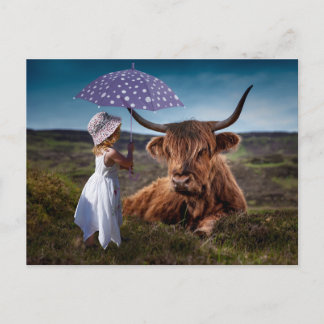 CARTE POSTALE PARAPLUIE FILLE YAK DRÔLE POSTCROSSING