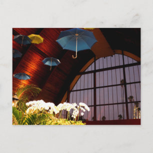 Carte Postale Parapluie jaune Fleurs blanches Bleu Art Photo