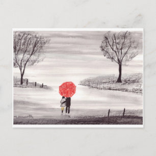 Carte Postale Parapluie rouge amour couple aquarelle mariage