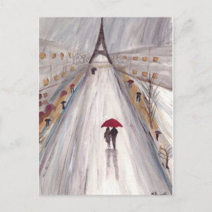 Carte Postale Parapluie rouge couple amour paris