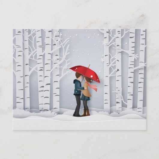 Carte Postale Parapluie rouge dans le couple de neige (Devant)