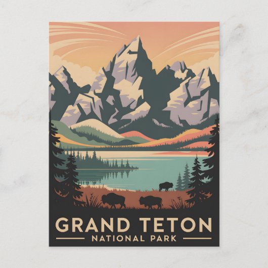 Carte Postale Parc national Pastel Retro Grand Teton avec Bison (Devant)