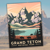 Carte Postale Parc national Pastel Retro Grand Teton avec Bison