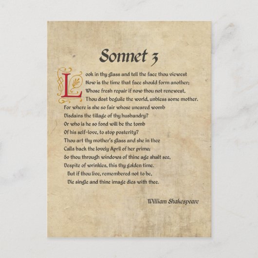 Carte Postale Parchemin Shakespeare Sonnet 3 (Devant)