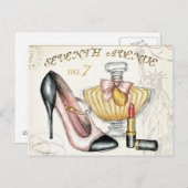 Carte Postale Parfum, rouge à lèvres et une chaussure à talons h (Devant / Derrière)