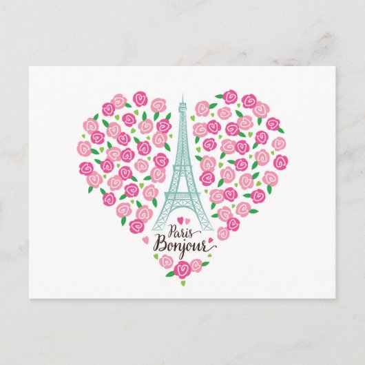 Carte Postale Paris Bonjour | Coeur floral (Devant)