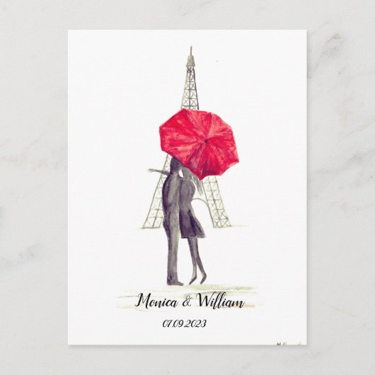 Carte Postale Paris couple Tour Eiffel Mariage parapluie rouge (Devant)