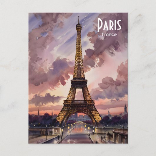 Carte Postale Paris Eiffel Tour Twilight Aquarelle (Devant)