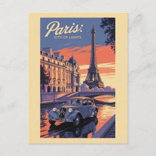 Carte Postale Paris France Tour Eiffel Voiture Vintage Coucher d