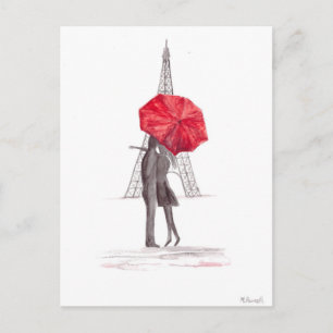 Carte Postale Paris love couple parapluie rouge aquarelle Eiffel