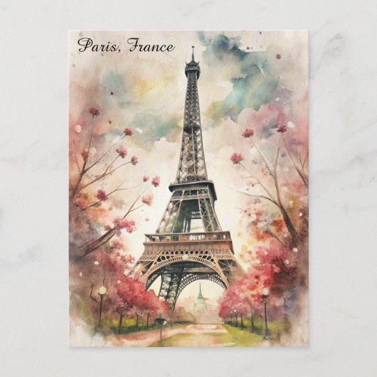 Carte Postale Paris romantique Tour Eiffel Aquarelle Florale (Devant)