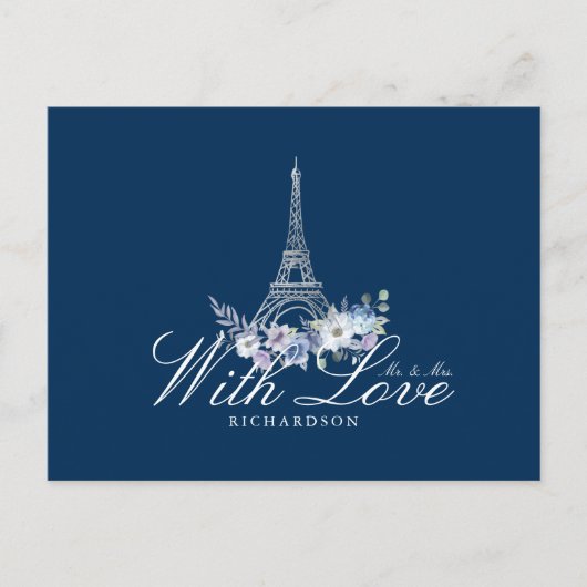 Carte Postale Paris Tour Eiffel Aquarelle Floral Mariage Bleu Ma (Devant)
