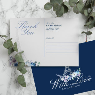 Carte Postale Paris Tour Eiffel Aquarelle Floral Mariage Bleu Ma