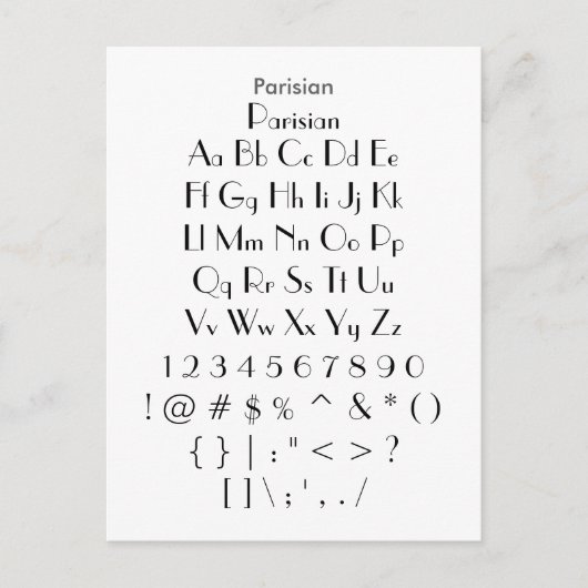 Carte Postale Parisien - Feuille d'échantillonnage de police Zaz (Devant)