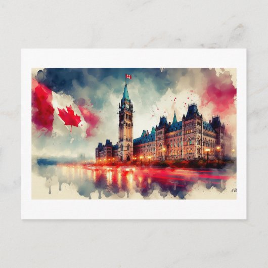 Carte Postale Parlement canadien avec drapeaux, (Devant)