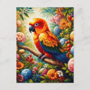 Carte Postale Parrot Sun Conure aux fleurs colorées