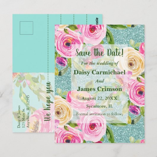 Carte Postale Parties scintillant Aqua Rose  Aquarelle Enregistr (Devant / Derrière)