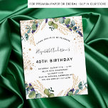 Carte Postale Parties scintillant d'eucalyptus d'anniversaire<br><div class="desc">Pour une fête d'anniversaire de 40e (ou tout âge). Un arrière - plan blanc décoré de verdure d'eucalyptus et de feuilles dorés.Décoré de points de parties scintillant dorés. Personnalisez et ajoutez vos noms et les détails du mariage. Lettres noires et dorées. Retour : conception de carte postale. Conseil : Si...</div>