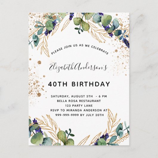 Carte Postale Parties scintillant d'eucalyptus d'anniversaire (Devant)