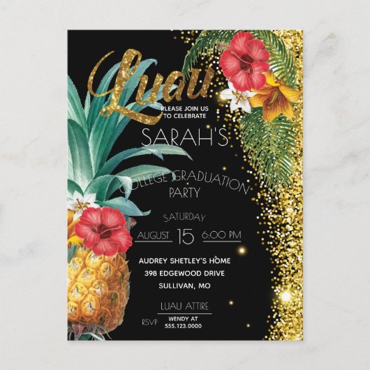 Carte Postale Parties scintillant d'or Fleurs tropicales Partie  (Devant)