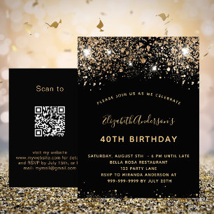 Carte Postale Parties scintillant d'or noir anniversaire QR invi