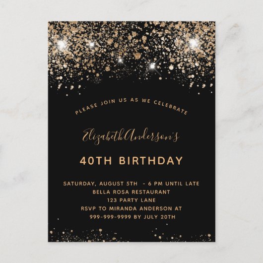 Carte Postale Parties scintillant d'or noir anniversaire QR invi (Devant)