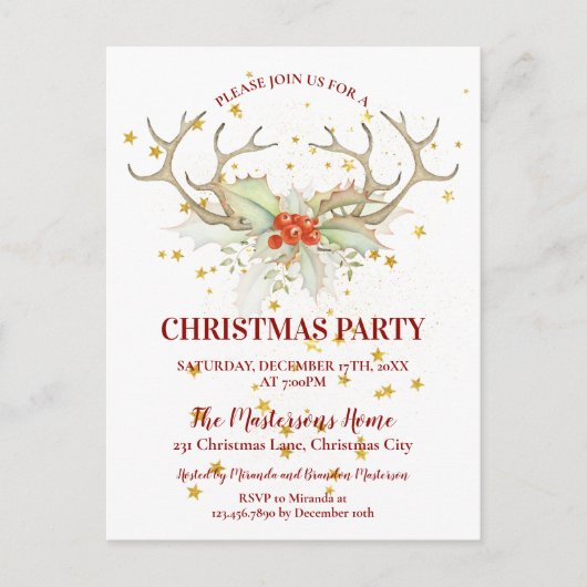 Carte Postale Parties scintillant d'or Reindeer Noël Fête Invita (Devant)