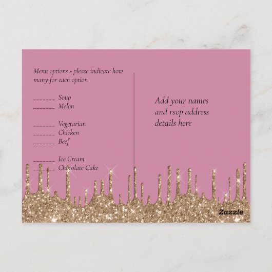 Carte Postale PARTIES SCINTILLANT d'or rose BUDGET Mariage RSVP (Dos)