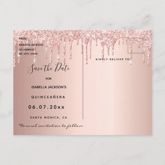 Carte Postale Parties scintillant d'or rose Quinceanera enregist (Dos)
