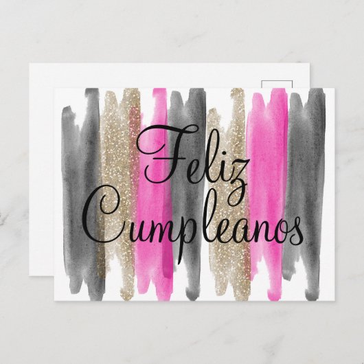 Carte Postale Parties scintillant en or noir rose Feliz Cumplean (Devant / Derrière)