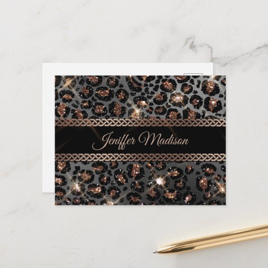 Carte Postale Parties scintillant Leopard Black Gold personnalis (Devant/Arrière en situation)