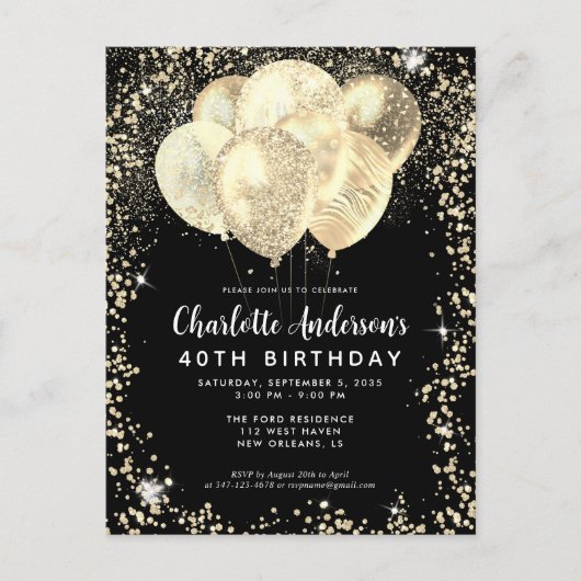 Carte Postale Parties scintillant moderne Black Gold Glam Balloo (Devant)