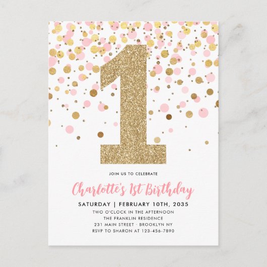 Carte Postale Parties scintillant or rose mignonne Confetti fill (Devant)