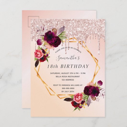 Carte Postale Parties scintillant rose 18e anniversaire rose inv (Devant / Derrière)